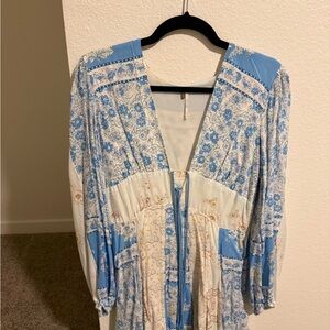 Free the People Blue and White Long Sleeve Dress